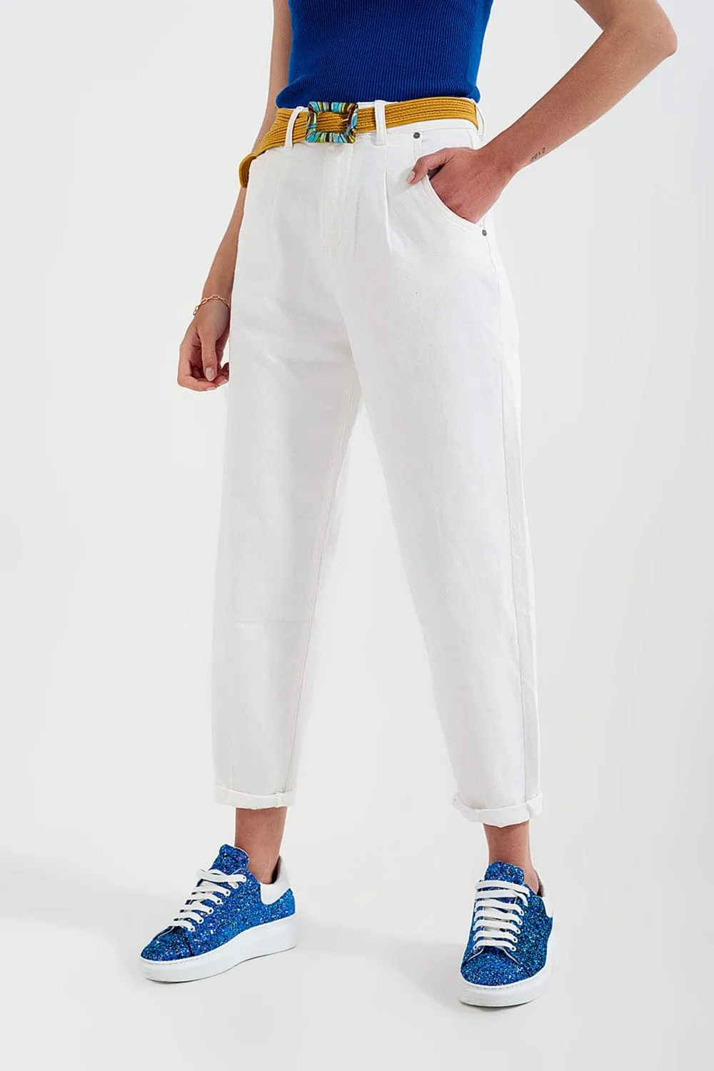 High Rise Mom Jeans With Pleat Front In White