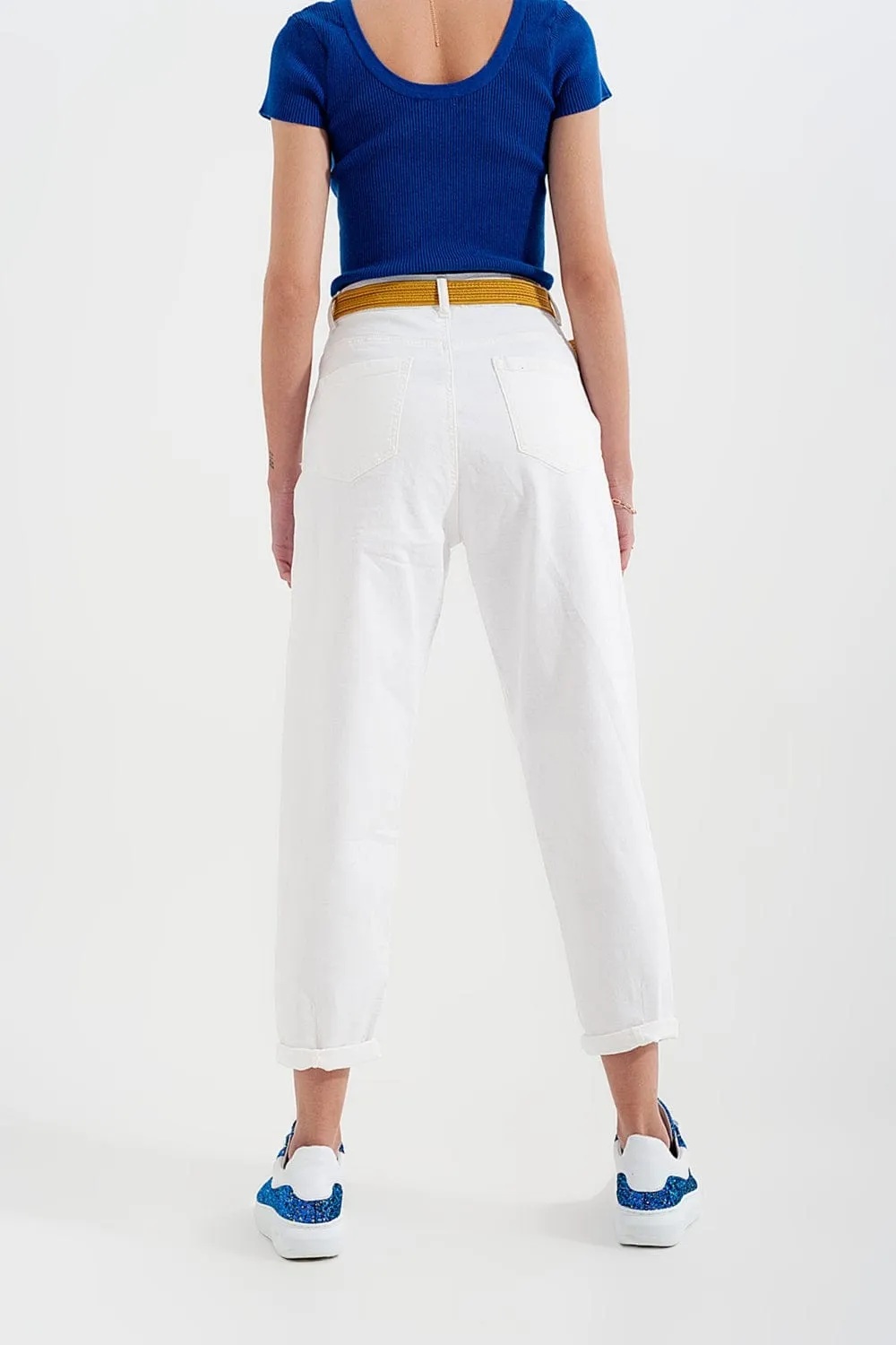 High Rise Mom Jeans With Pleat Front In White