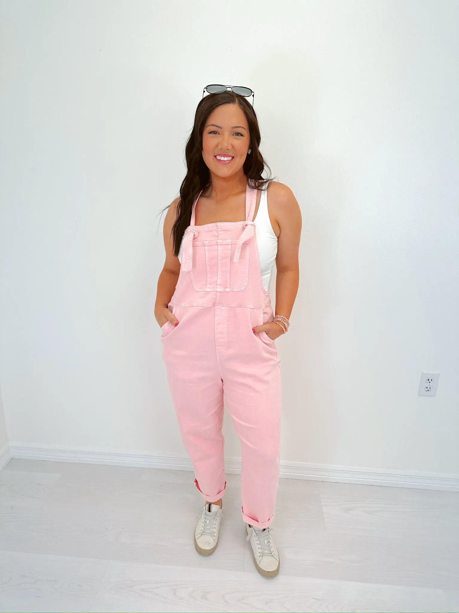 Kamryn Comfy Cropped Tie Knot Overalls - Pink