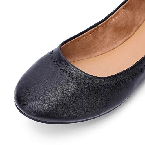 KOLILI Women's Ballet Flat Classic Round Toe Walking Shoes Casual Ladies Faux Leather Flat Shoes Black