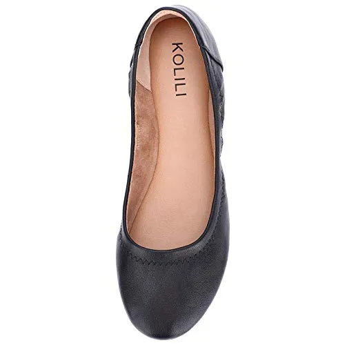 KOLILI Women's Ballet Flat Classic Round Toe Walking Shoes Casual Ladies Faux Leather Flat Shoes Black