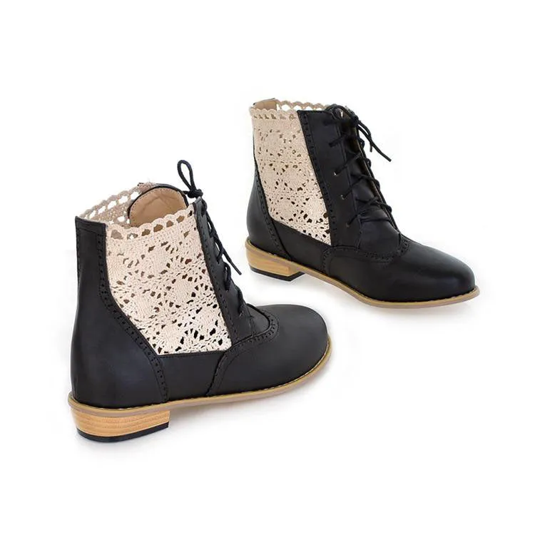 Lace Patchwork Hollow Out Round Toe Low Chunky Heel Short Boots