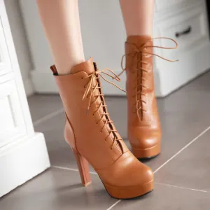 Lace Up Round Toe Platform Stiletto High Heels Short Boots