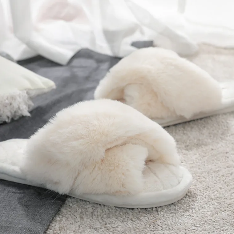 Ladies Cross Band Plush Slippers