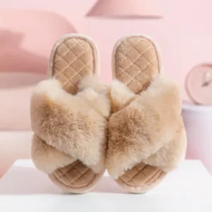 Ladies Cross Band Plush Slippers