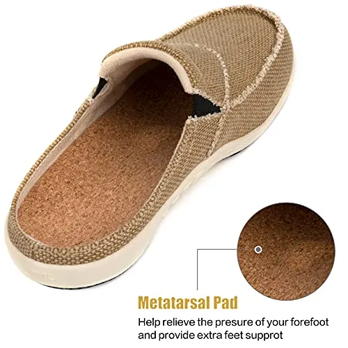 LazyStep Men's Cozy Slippers with Arch Support, Casual Canvas House Slippers with Vlevet Lining, Slip on Clog House Shoes with Anti-Skid Indoor Outdoor Rubber Sole, Khaki, Size 12