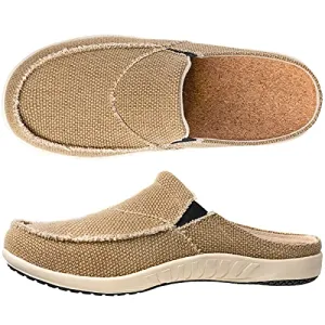 LazyStep Men's Cozy Slippers with Arch Support, Casual Canvas House Slippers with Vlevet Lining, Slip on Clog House Shoes with Anti-Skid Indoor Outdoor Rubber Sole, Khaki, Size 12