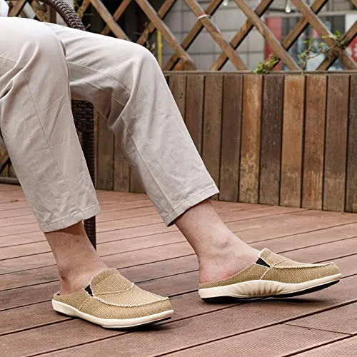 LazyStep Men's Cozy Slippers with Arch Support, Casual Canvas House Slippers with Vlevet Lining, Slip on Clog House Shoes with Anti-Skid Indoor Outdoor Rubber Sole, Khaki, Size 12