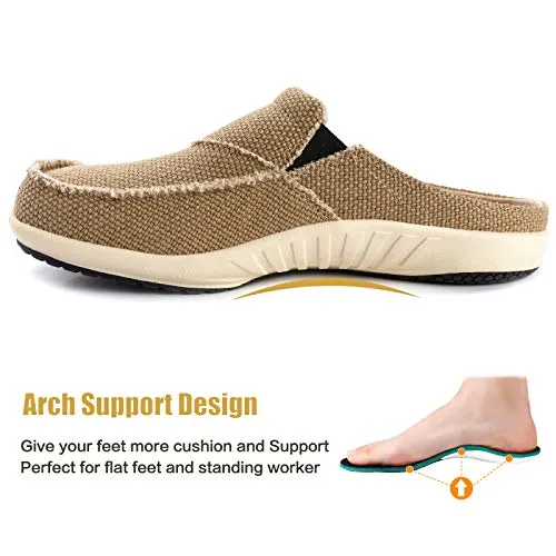 LazyStep Men's Cozy Slippers with Arch Support, Casual Canvas House Slippers with Vlevet Lining, Slip on Clog House Shoes with Anti-Skid Indoor Outdoor Rubber Sole, Khaki, Size 12