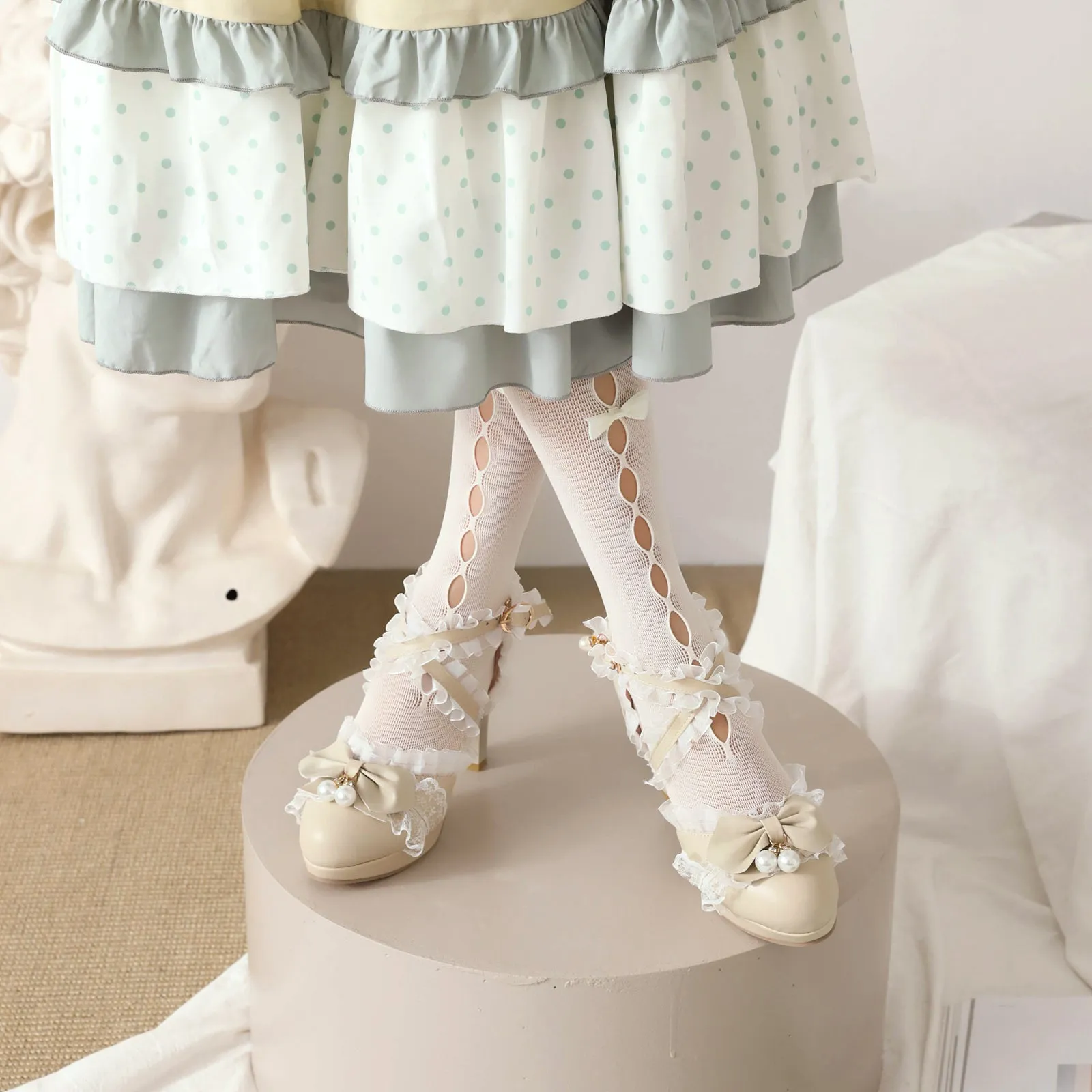 Lolita Shoes Bows Ruffles Pearls Round Toe PU Leather