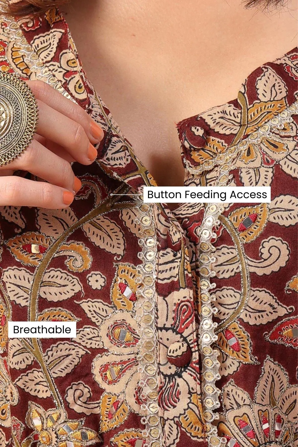 Maroon Enchanting Floral Zipless Feeding Maternity Kaftan