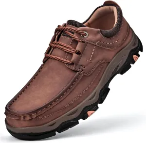Men's Leather Lace Up Loafers Lightweight Breathable Slip On Casual Shoes Comfortable Non-Slip Fashion Walking Shoes