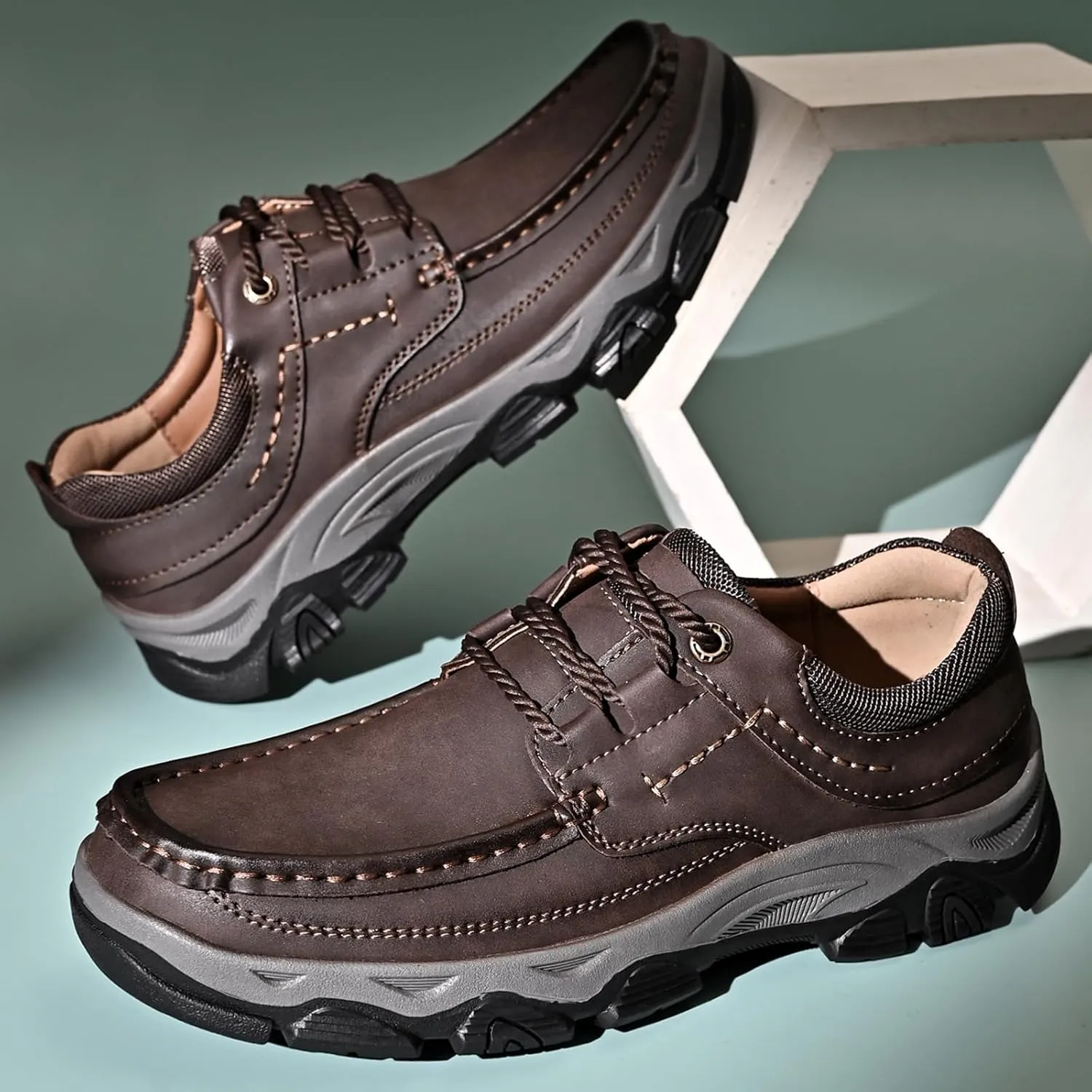 Men's Leather Lace Up Loafers Lightweight Breathable Slip On Casual Shoes Comfortable Non-Slip Fashion Walking Shoes