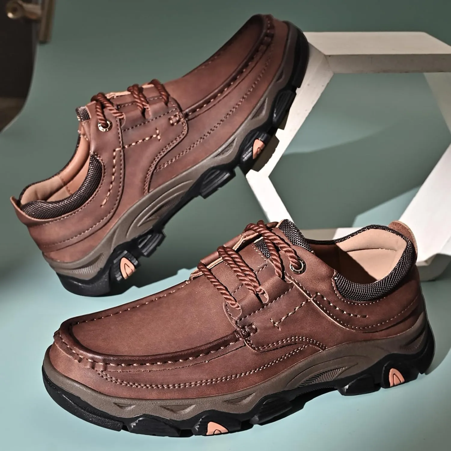 Men's Leather Lace Up Loafers Lightweight Breathable Slip On Casual Shoes Comfortable Non-Slip Fashion Walking Shoes