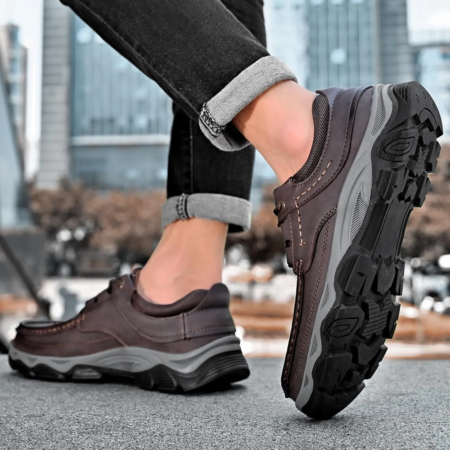 Men's Leather Lace Up Loafers Lightweight Breathable Slip On Casual Shoes Comfortable Non-Slip Fashion Walking Shoes