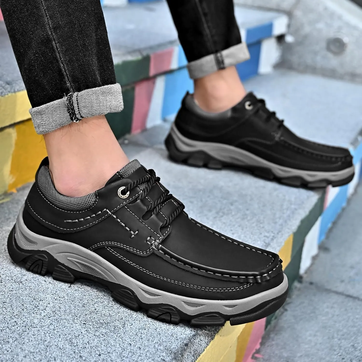 Men's Leather Lace Up Loafers Lightweight Breathable Slip On Casual Shoes Comfortable Non-Slip Fashion Walking Shoes