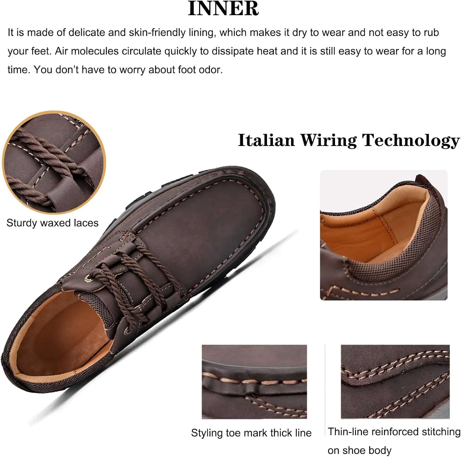 Men's Leather Lace Up Loafers Lightweight Breathable Slip On Casual Shoes Comfortable Non-Slip Fashion Walking Shoes