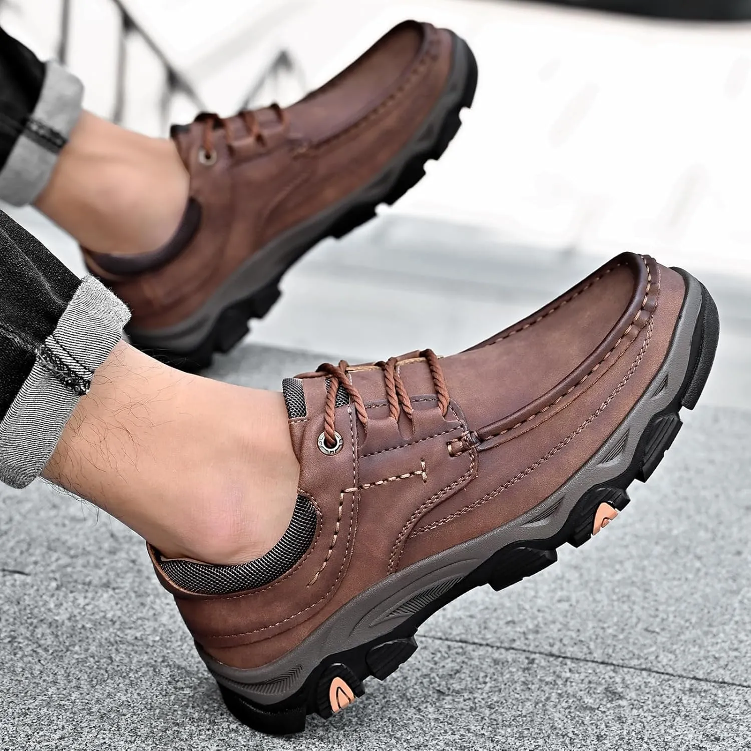 Men's Leather Lace Up Loafers Lightweight Breathable Slip On Casual Shoes Comfortable Non-Slip Fashion Walking Shoes
