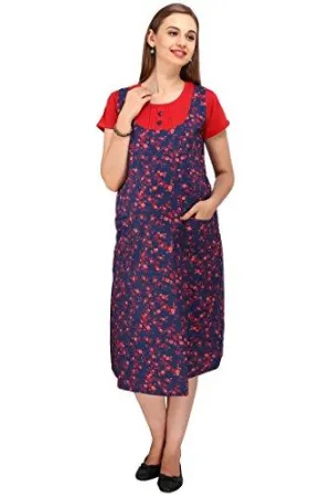 MomToBe Women's Cotton Maternity Dress, Red & Blue