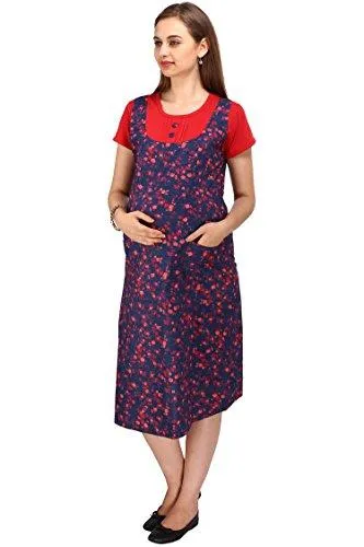 MomToBe Women's Cotton Maternity Dress, Red & Blue