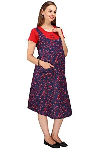 MomToBe Women's Cotton Maternity Dress, Red & Blue