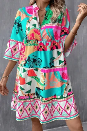 Multicolour Abstracte Mini-jurk met Halve Mouw en V-hals met Inkeping