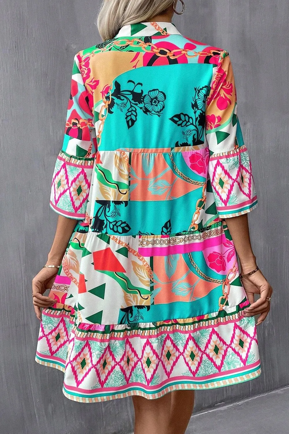 Multicolour Abstracte Mini-jurk met Halve Mouw en V-hals met Inkeping