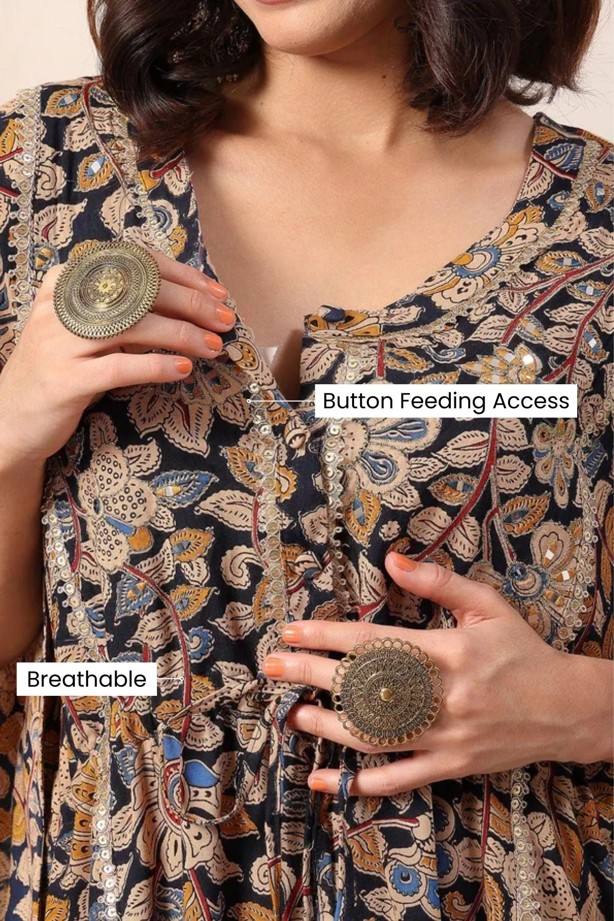 Navy Blue Enchanting Floral Zipless Feeding Maternity Kaftan