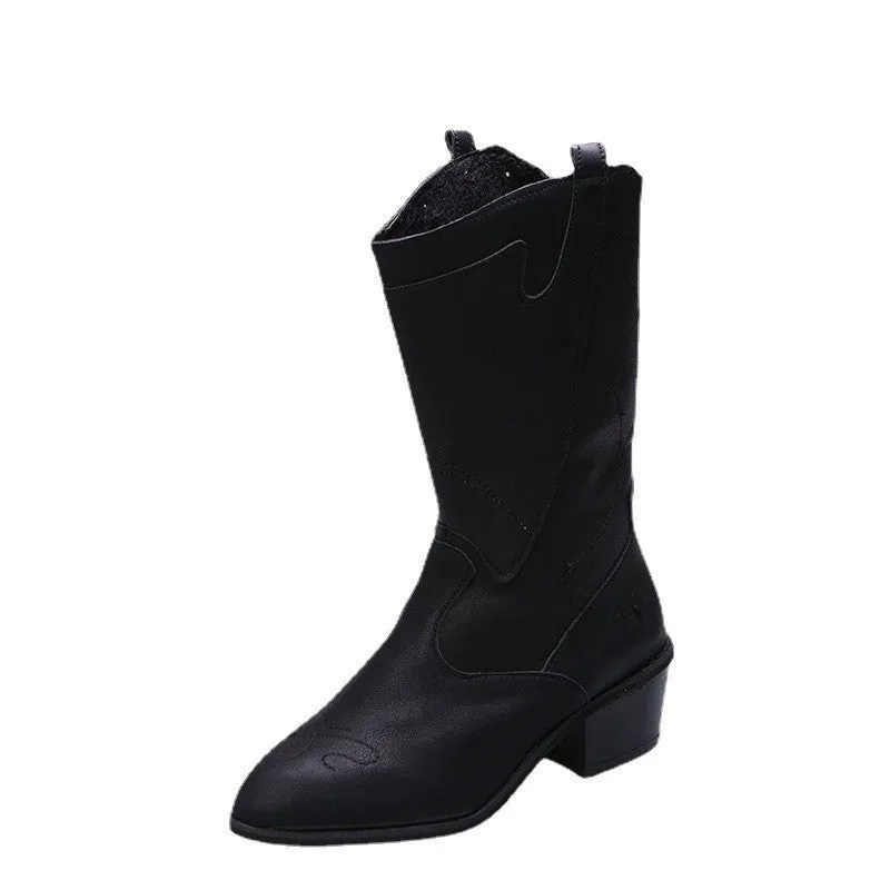 New in autumn and winter with oversized pointed toes hand-embroidered soft leather mid-tube knight boots