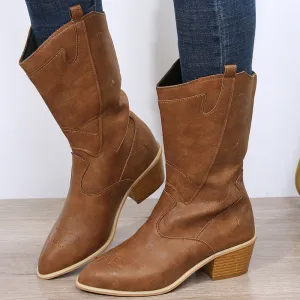 New in autumn and winter with oversized pointed toes hand-embroidered soft leather mid-tube knight boots