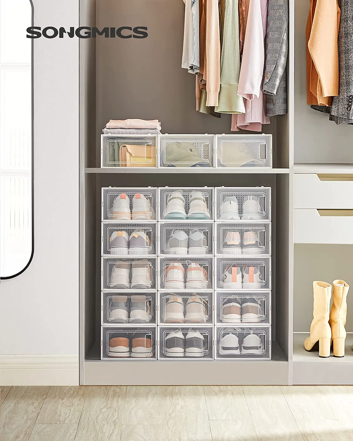 New Set of 6 Transparent Shoe Storage Organizers, Stackable and Foldable by Songmics! Also great for organizing other items, not just for shoes!! Retails $125 