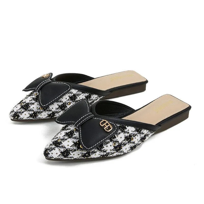New Spring Autumn Plaid Slippers Butterfly-Knot Flats for Women Zapatos De Mujer Women Shoes
