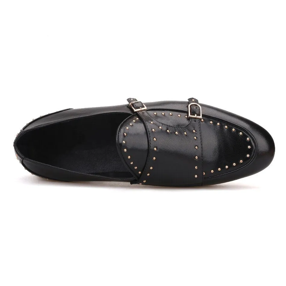 New Stud Monk Moccasins Quality Faux Leather with Durable Sole For Men-(Black)
