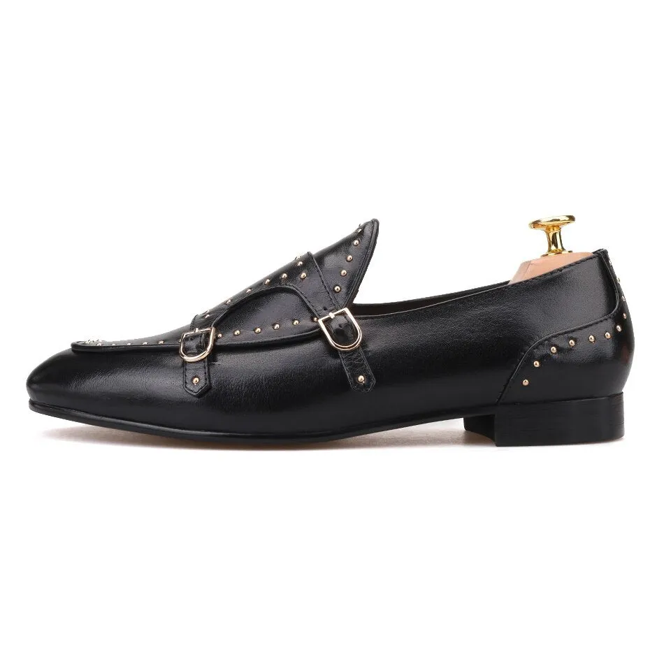 New Stud Monk Moccasins Quality Faux Leather with Durable Sole For Men-(Black)