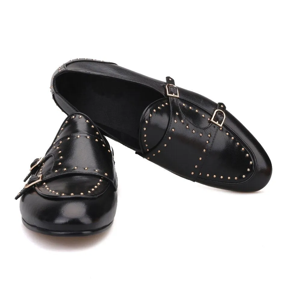 New Stud Monk Moccasins Quality Faux Leather with Durable Sole For Men-(Black)