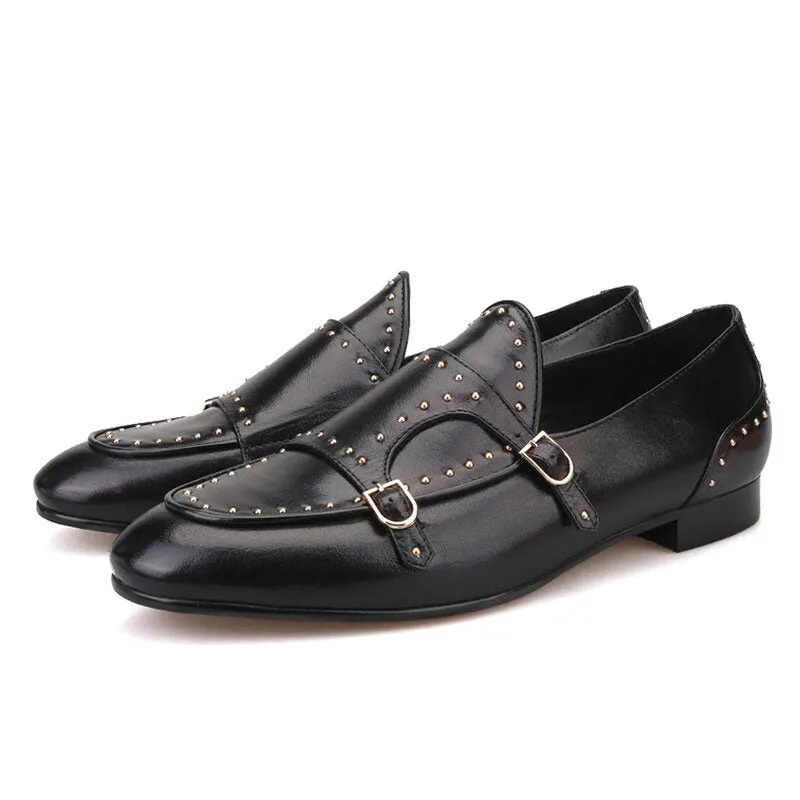 New Stud Monk Moccasins Quality Faux Leather with Durable Sole For Men-(Black)