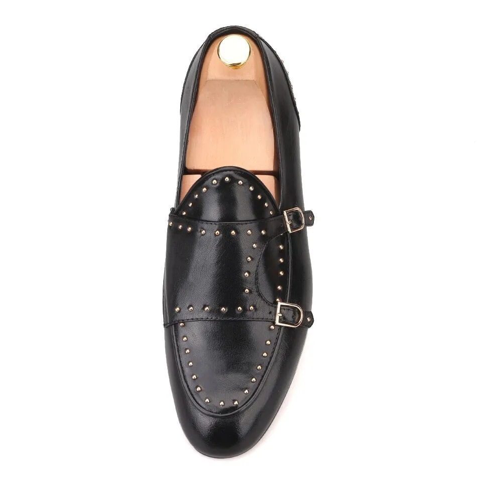 New Stud Monk Moccasins Quality Faux Leather with Durable Sole For Men-(Black)