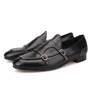 New Stud Monk Moccasins Quality Faux Leather with Durable Sole For Men-(Black)