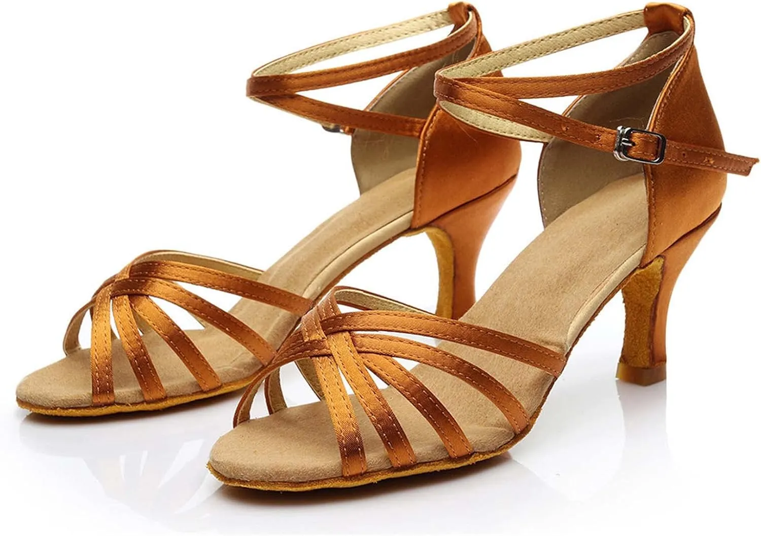 oiangi Women's Satin Latin Dance Shoes Fashion Open Toe Ankle Straps Buckle Mid Heel Sandals Ballroom Salsa Tango Professional Performance Practice Dancing Shoes