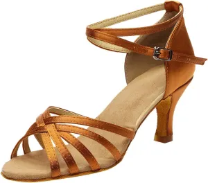 oiangi Women's Satin Latin Dance Shoes Fashion Open Toe Ankle Straps Buckle Mid Heel Sandals Ballroom Salsa Tango Professional Performance Practice Dancing Shoes