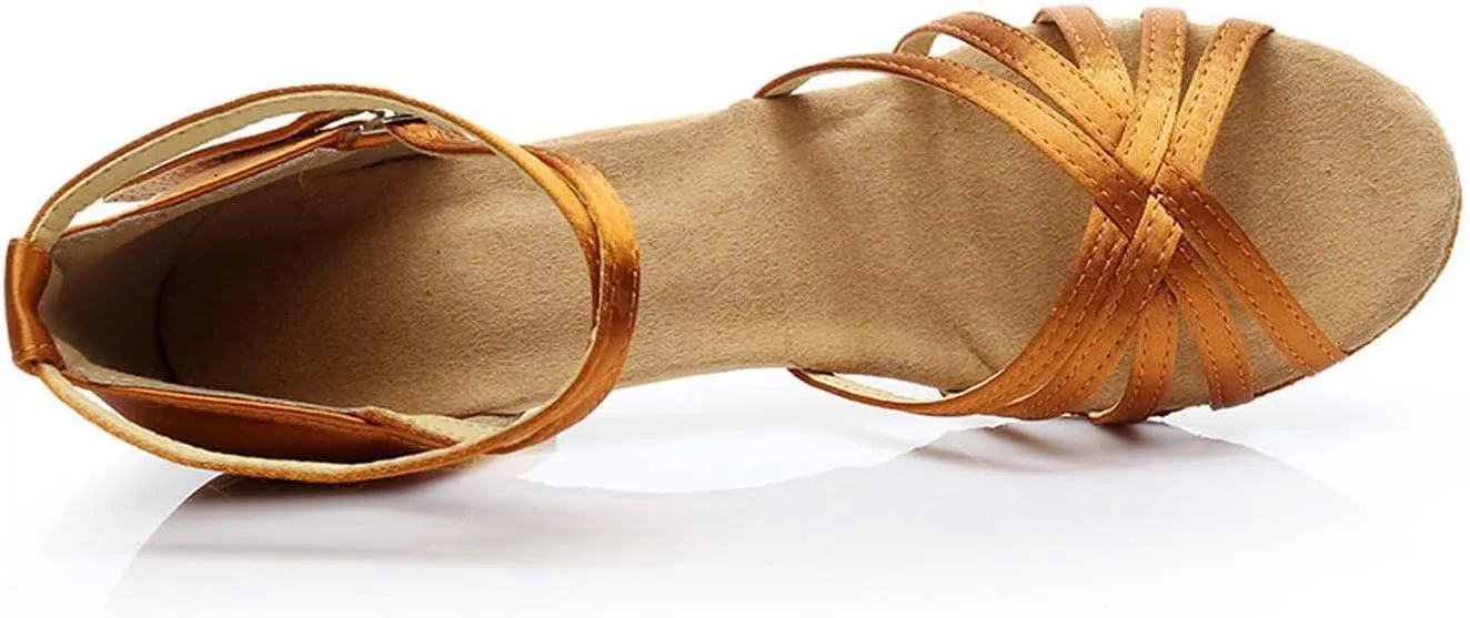oiangi Women's Satin Latin Dance Shoes Fashion Open Toe Ankle Straps Buckle Mid Heel Sandals Ballroom Salsa Tango Professional Performance Practice Dancing Shoes