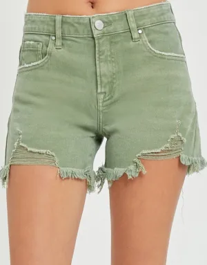 Olive Mid-Waist Frayed Hem Denim Shorts | Risen