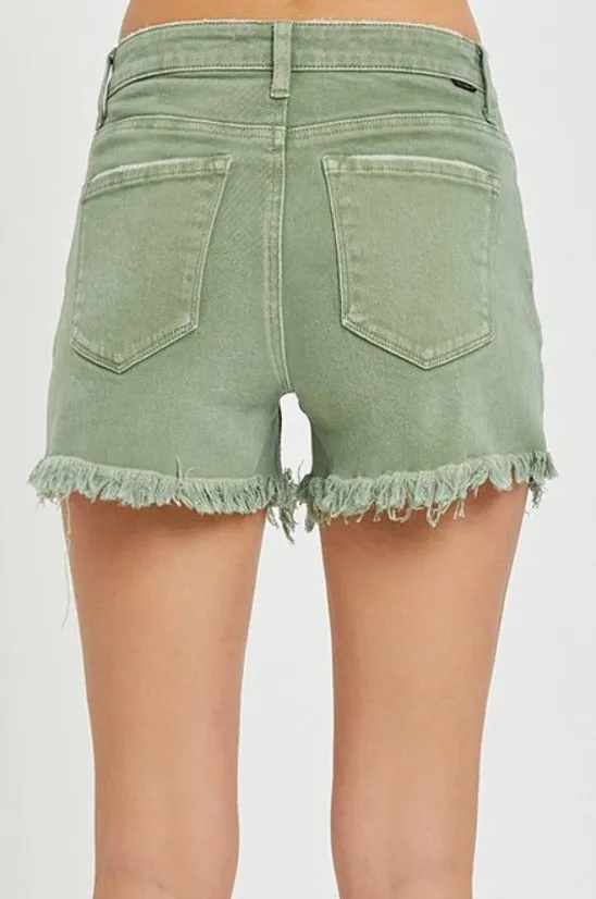 Olive Mid-Waist Frayed Hem Denim Shorts | Risen