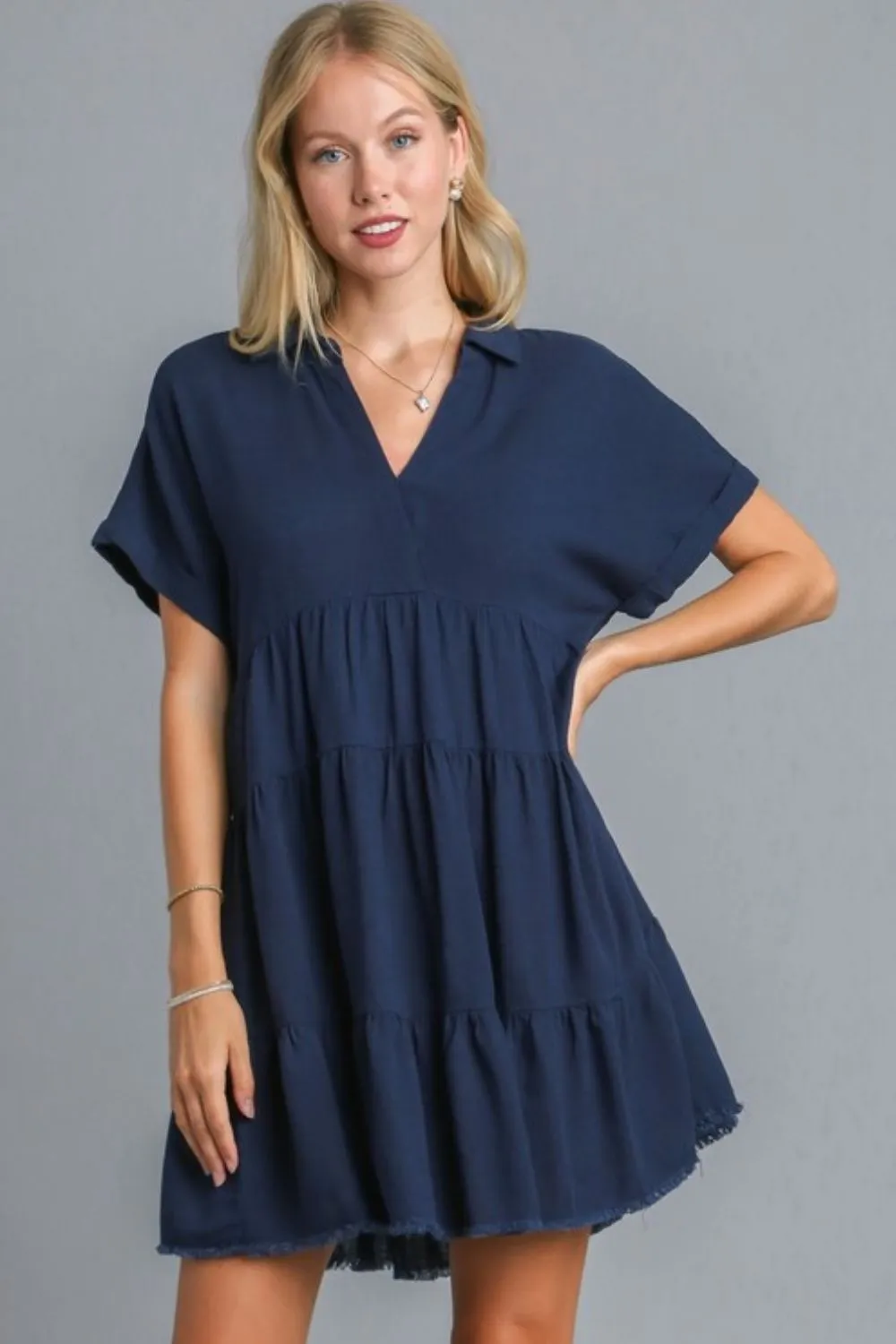 Own Your Fashion Dark Navy Raw Hem Tiered Dress