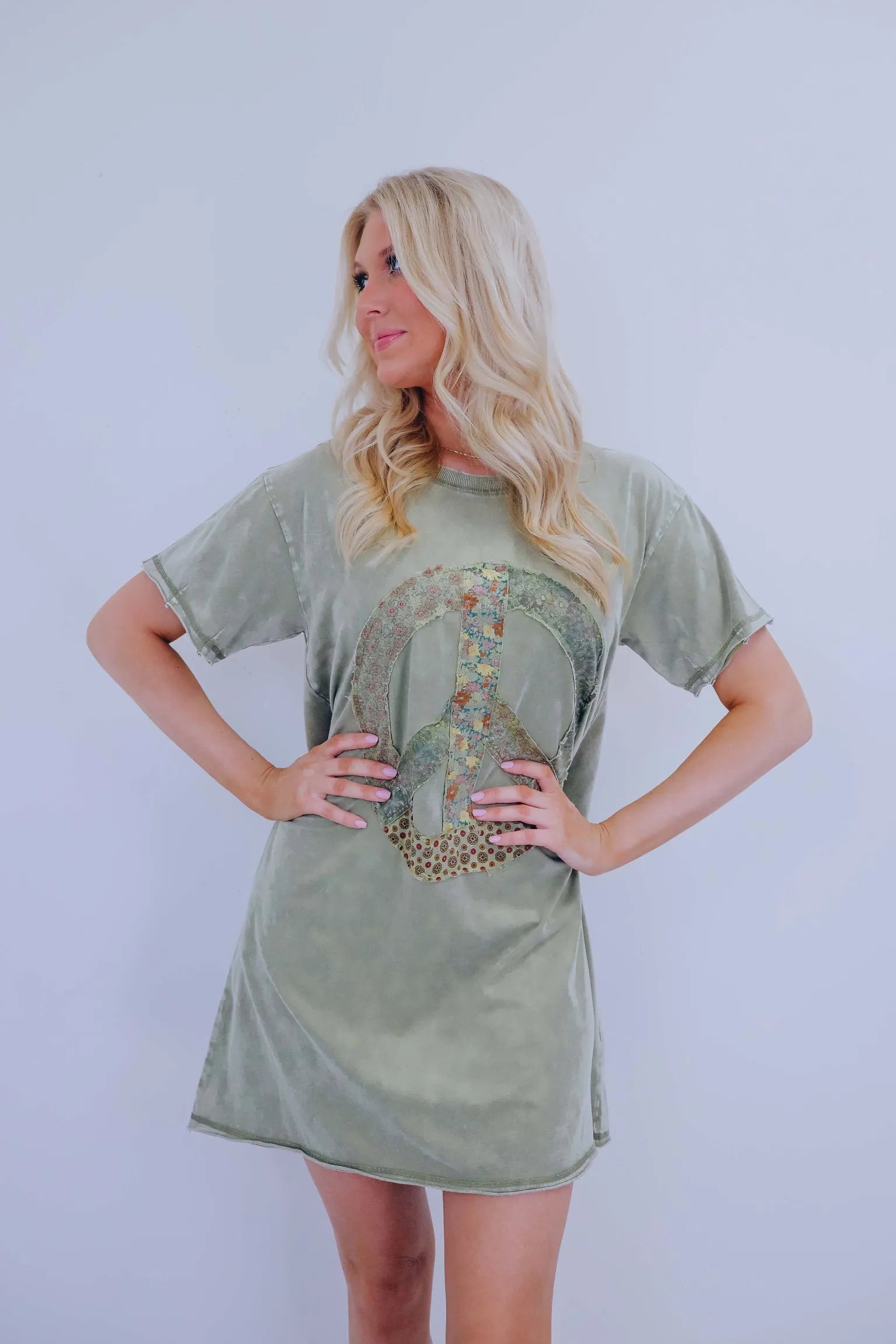 Peace Floral Patch T-Shirt Dress -2 Colors