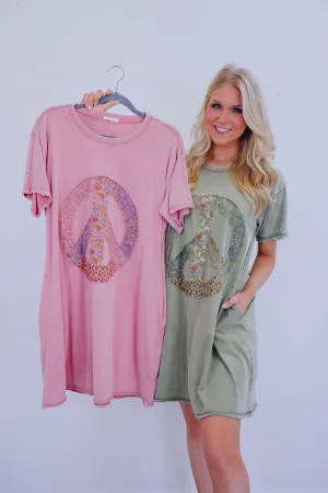 Peace Floral Patch T-Shirt Dress -2 Colors