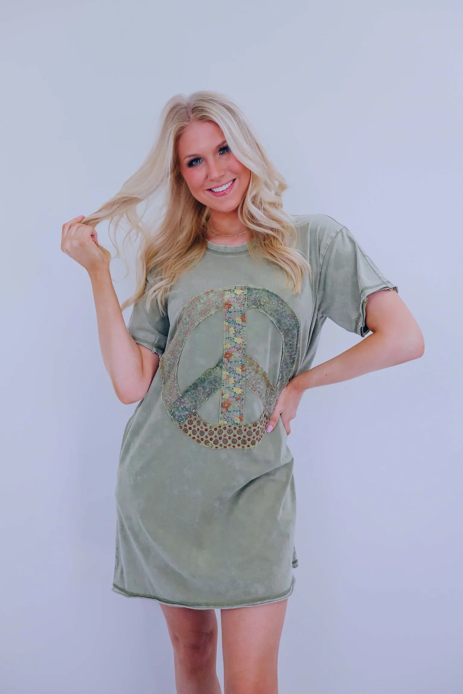 Peace Floral Patch T-Shirt Dress -2 Colors