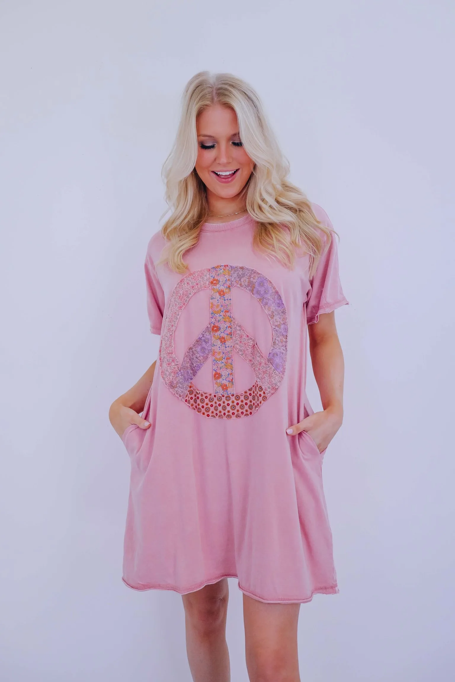 Peace Floral Patch T-Shirt Dress -2 Colors