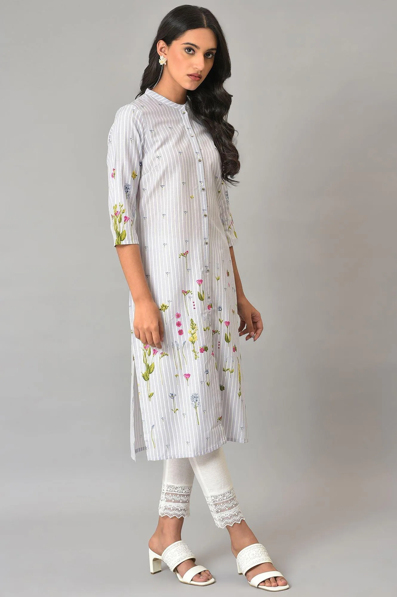 Plus Size Blue Floral Printed Straight kurta