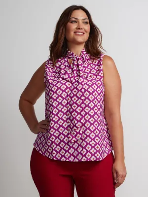 Plus Sleeveless Printed Tie Neck Blouse